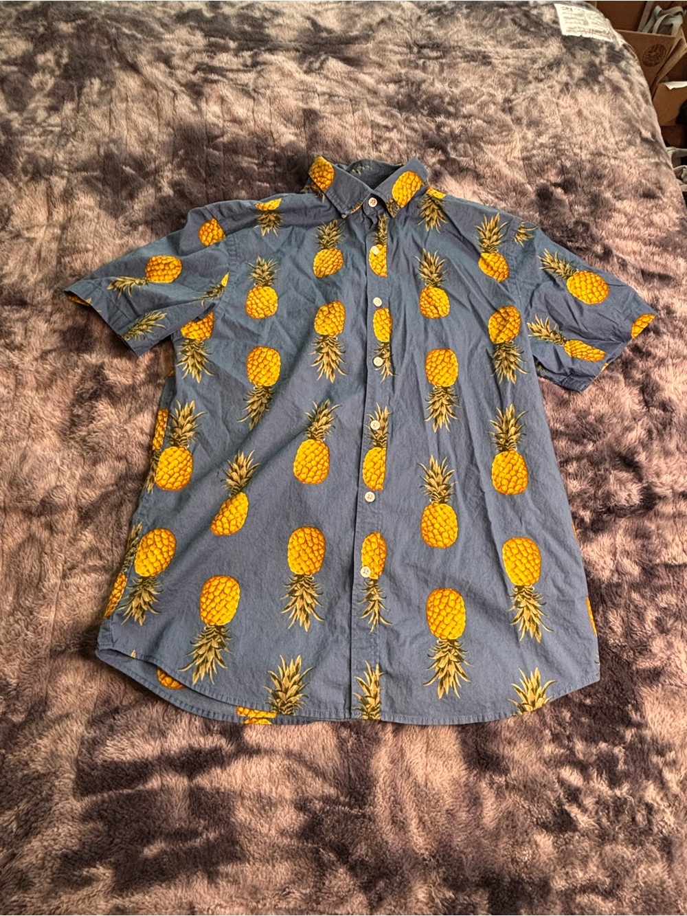 Old Navy Pineapple Print Short Sleeve Button-Down Shirt in Blue and Yellow